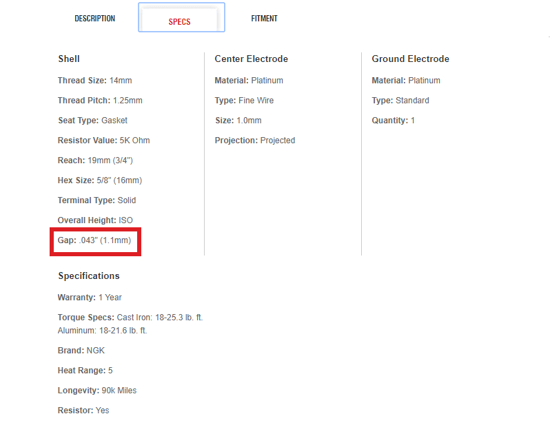 PFR58 spark plug gap specification